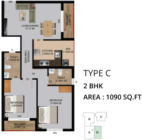 Type D | 2BHK | 1090Sq.Ft