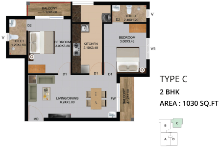 Type C | 2BHK | 1030 Sq.Ft