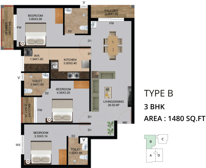 Type B | 3BHK | 1480 Sq.Ft