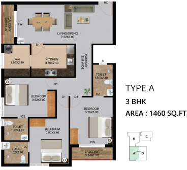 Type A | 3BHK |1460 Sq.Ft